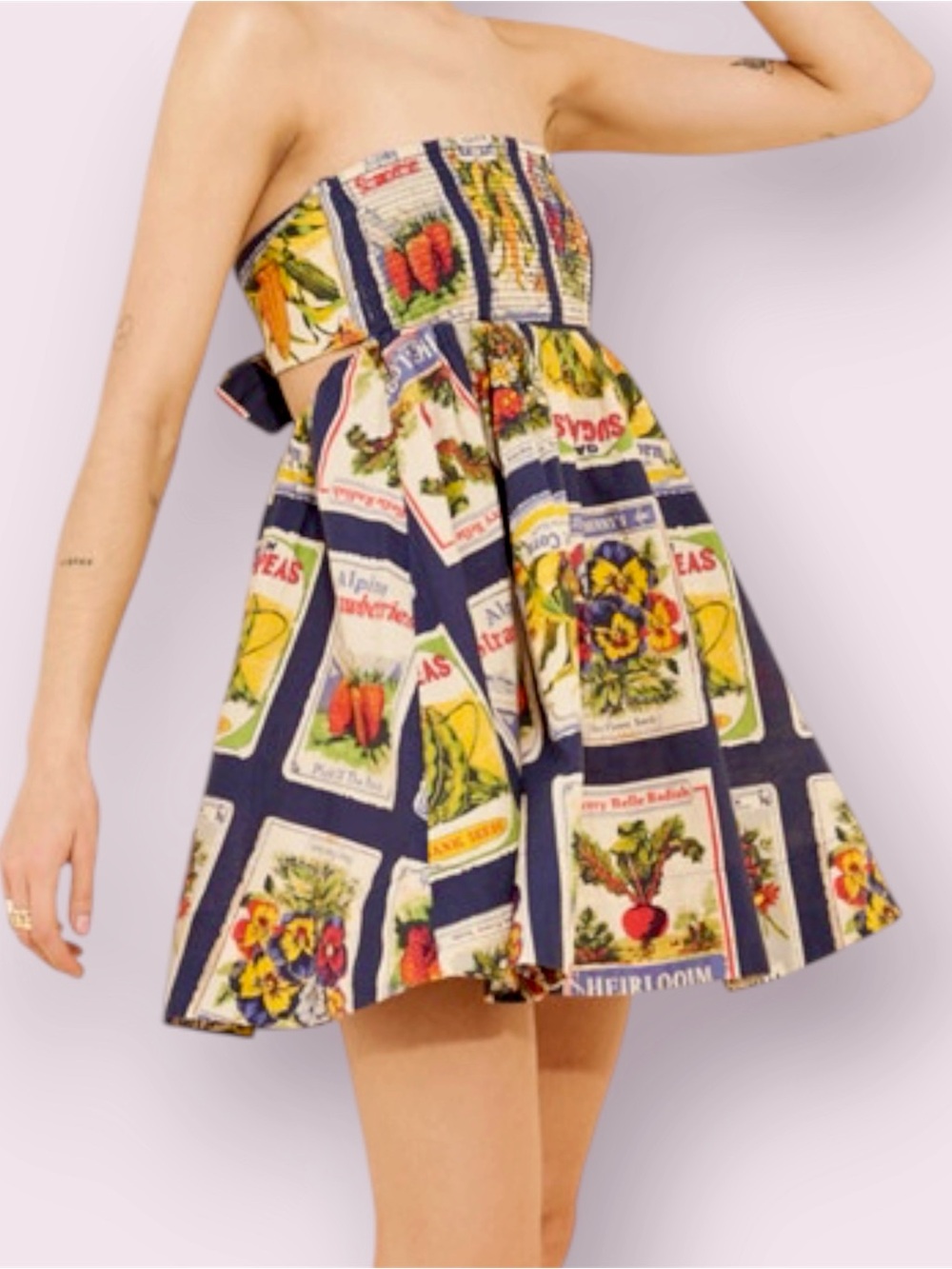 Urban Outfitters BDG Juliana Smocked Strapless Mini Dress Seed Packet Pattern M